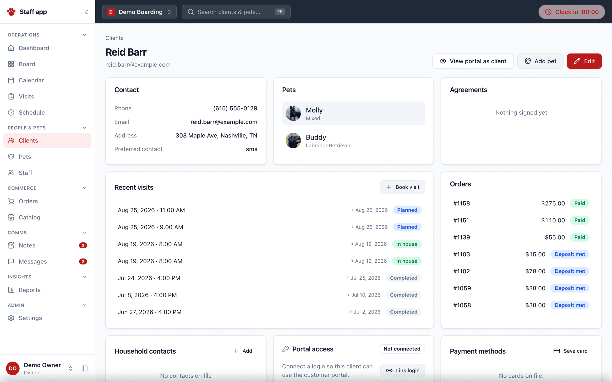 A client record showing package credits and history