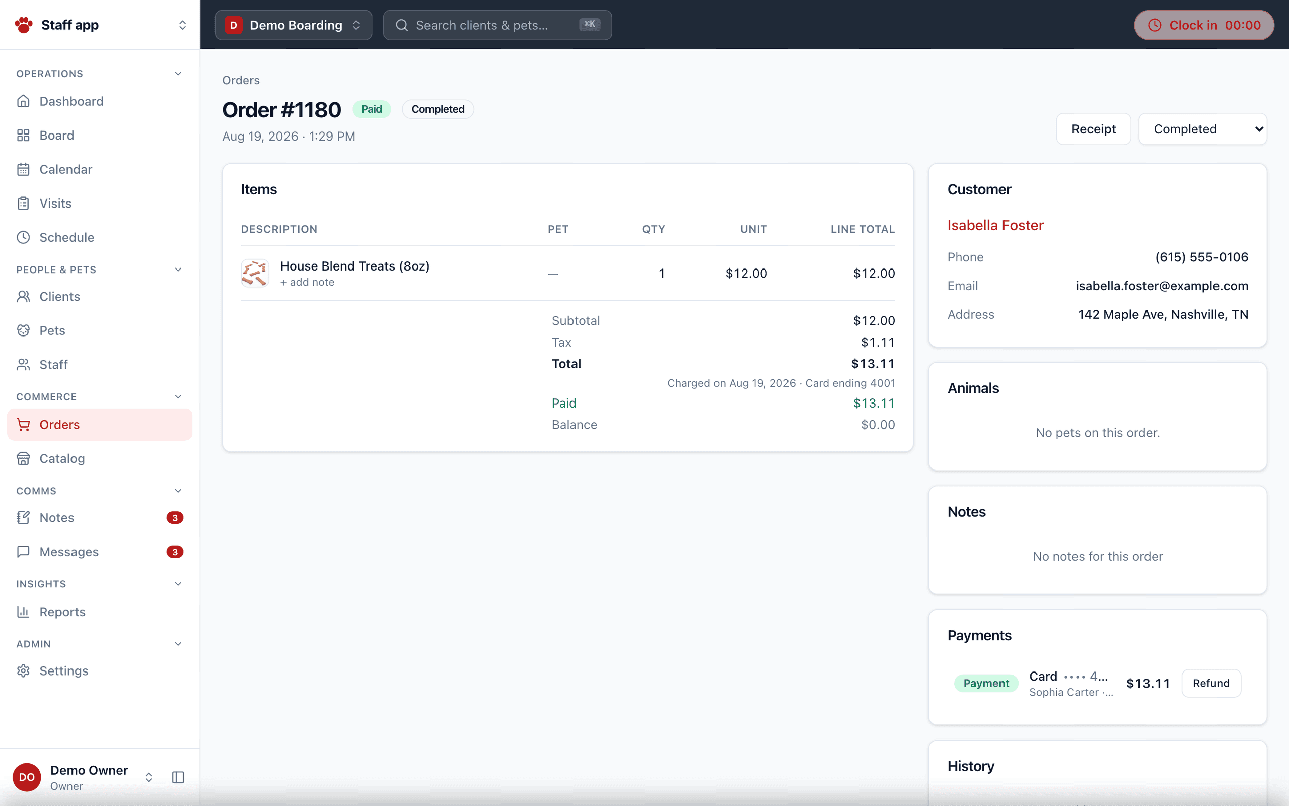 An order with line items, payments, and refunds