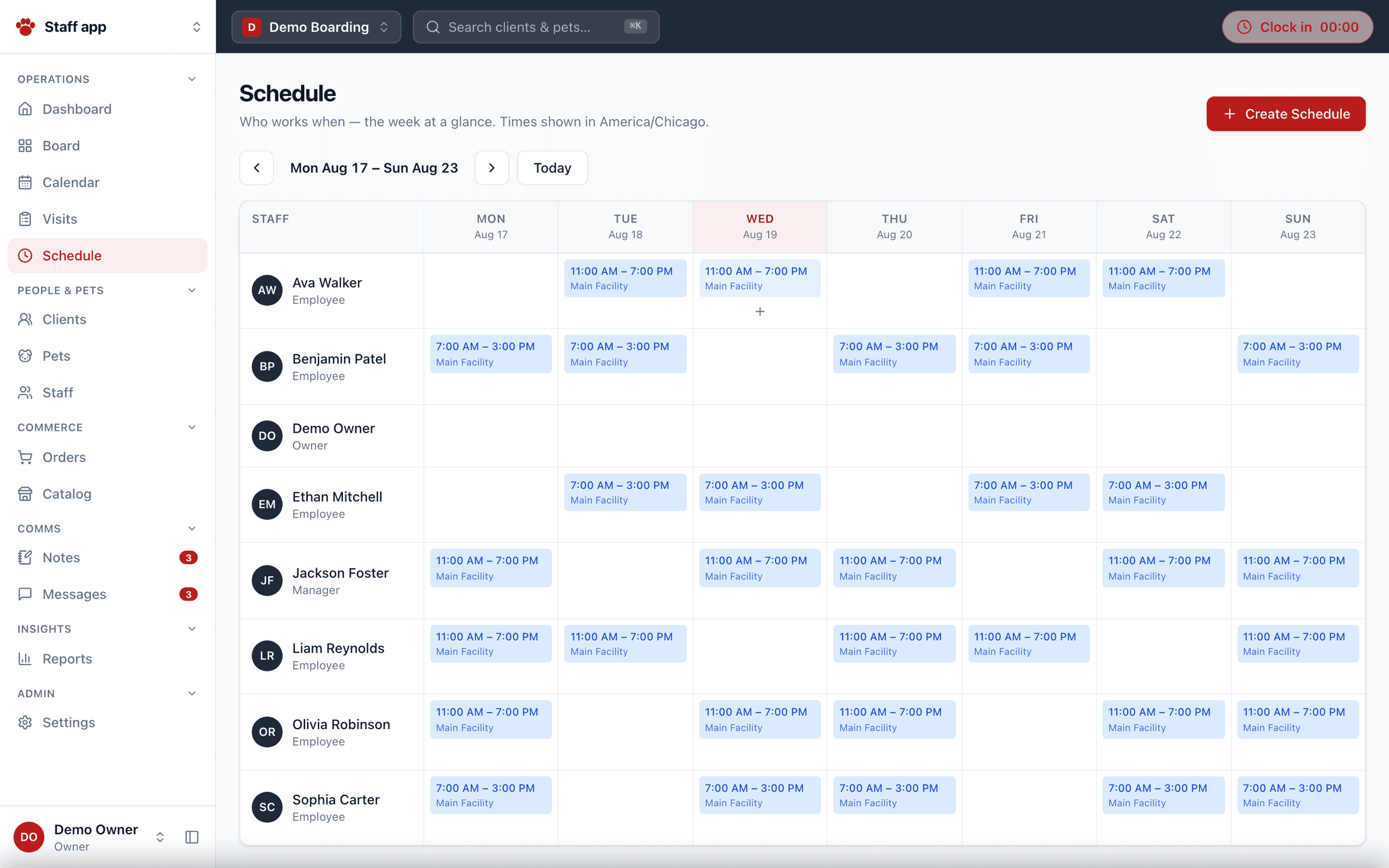 The staff schedule week grid