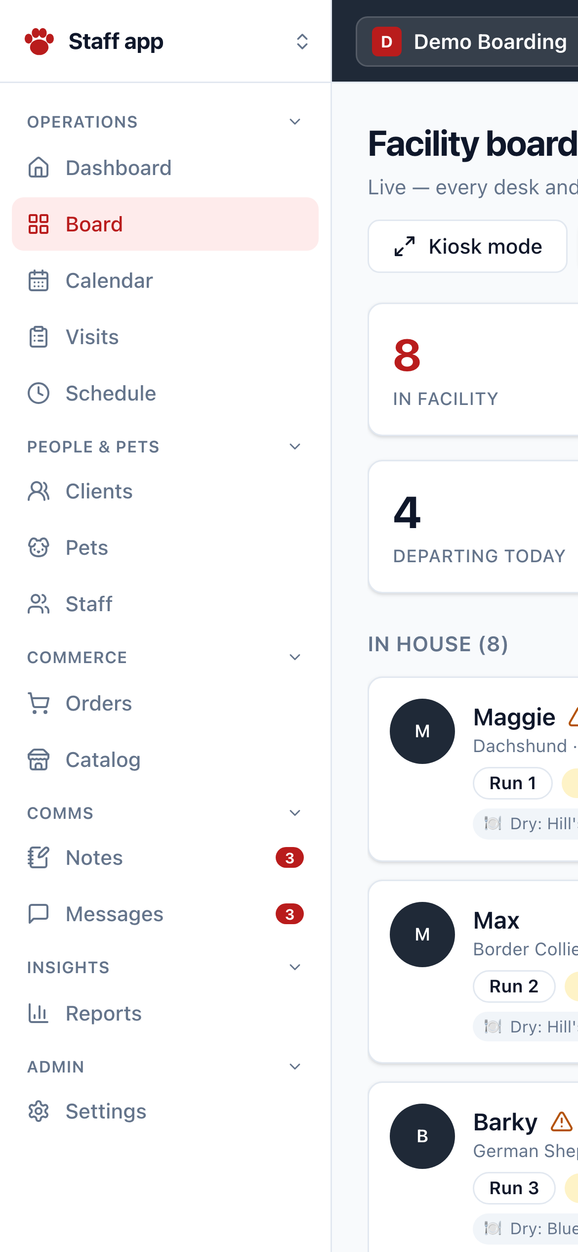 The facility board running on a phone