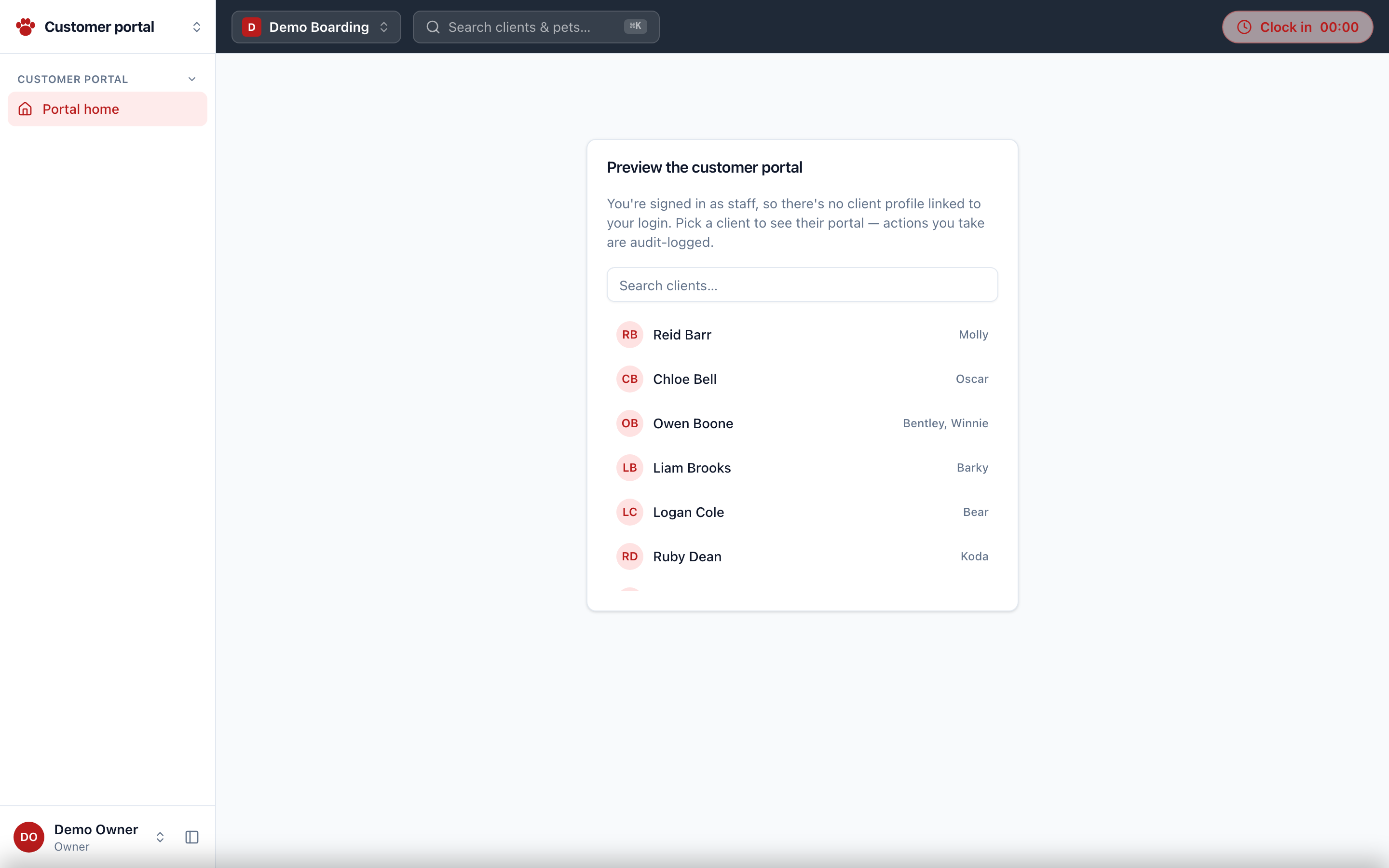The client portal: my pets, upcoming stays, and recent orders